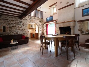 Dining - Charming 19th-Century Restored Watermill, Secluded Retreat with Fireplace, Terrace & Modern Amenities (Montsenelle)