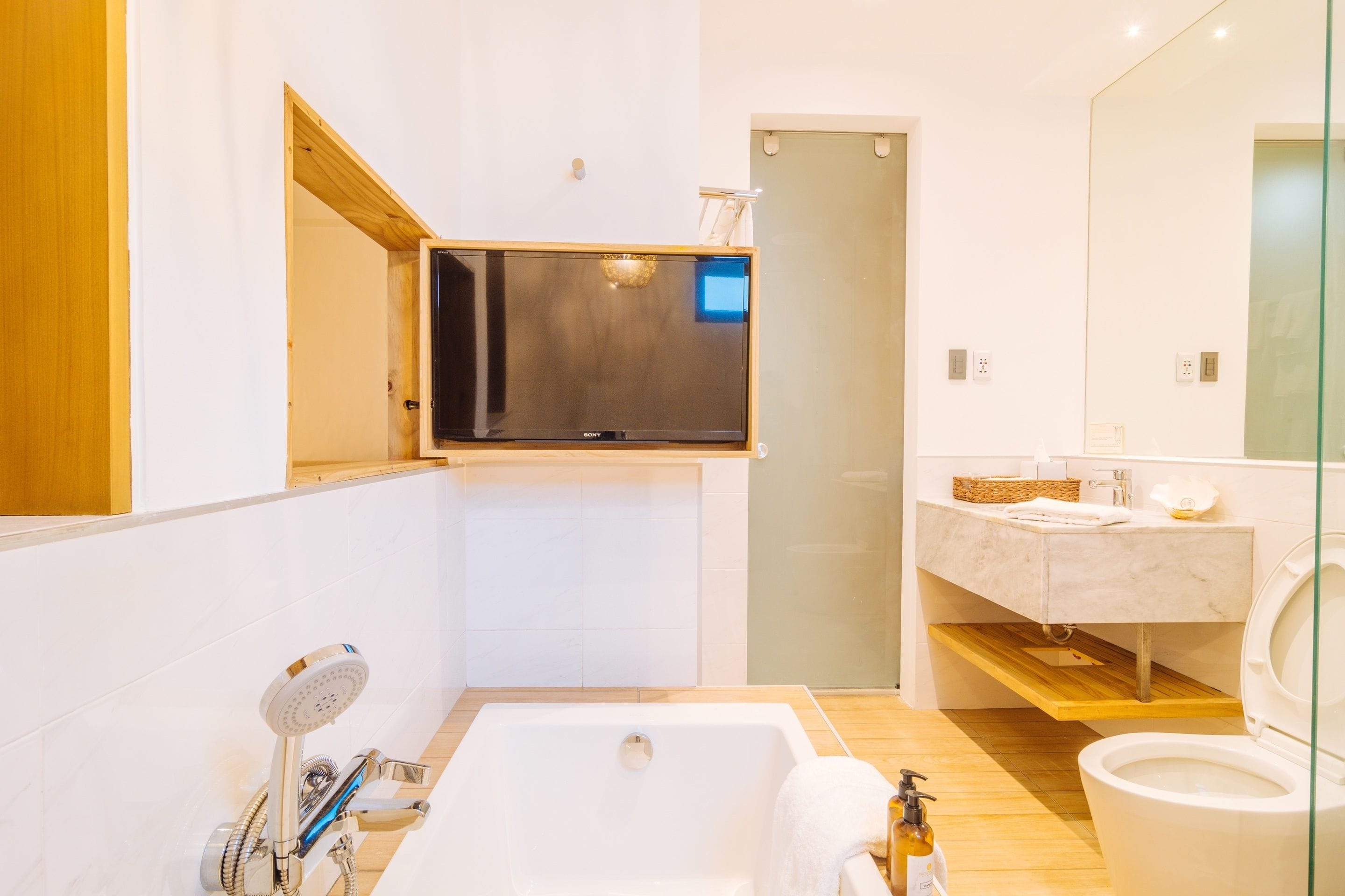 eco-friendly toiletries, hair dryer, bidet, towels