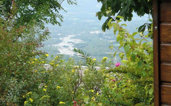 A view from a chalet with lush greenery and a distant landscape.