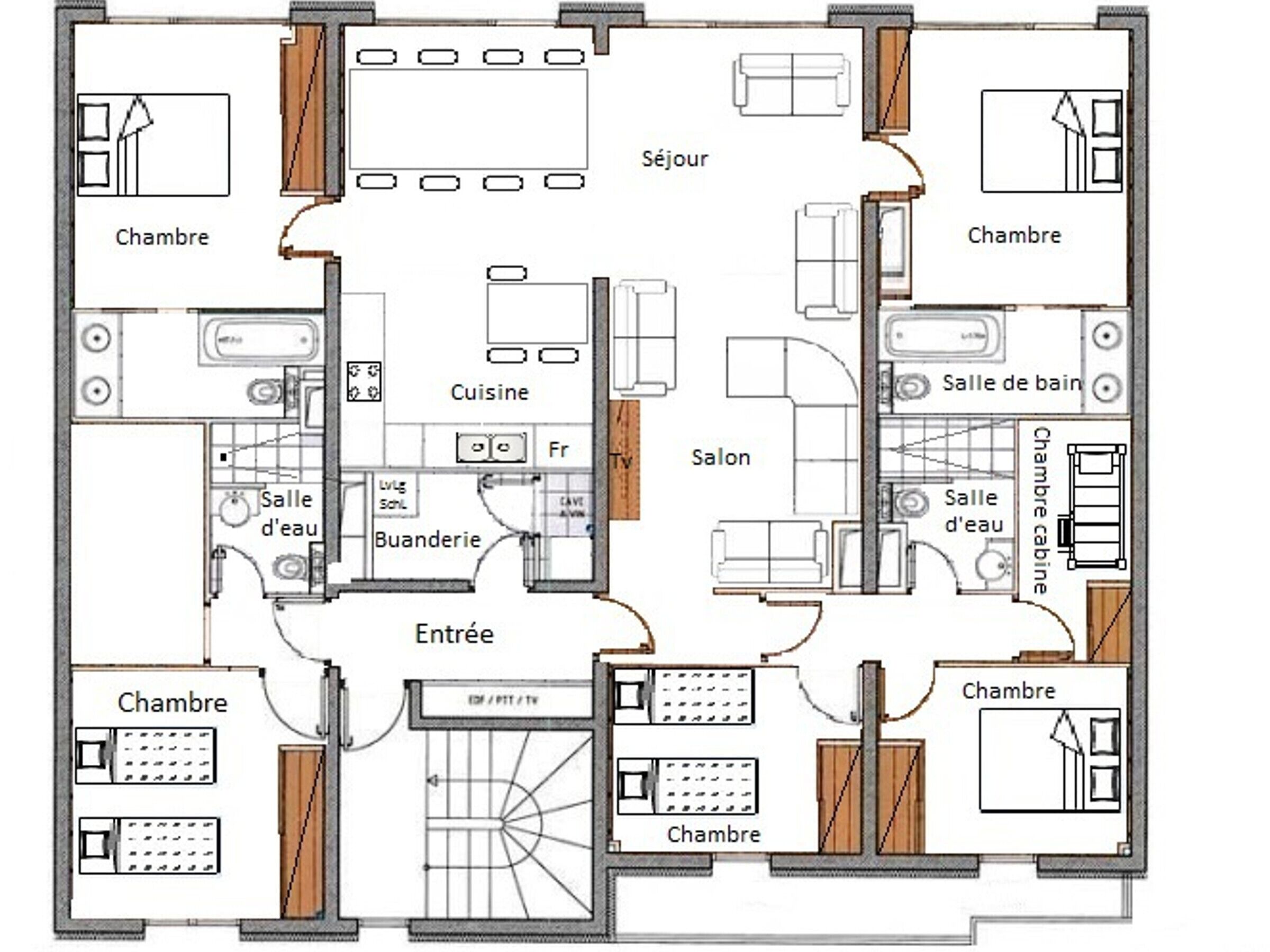 A floor plan of a hotel with multiple bedrooms, a kitchen, a dining area, a living room, a bathroom, and a small balcony.