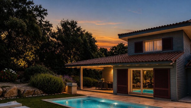 Ein modernes Haus mit Schwimmbad, Sitzgelegenheiten im Freien und einer überdachten Terrasse.