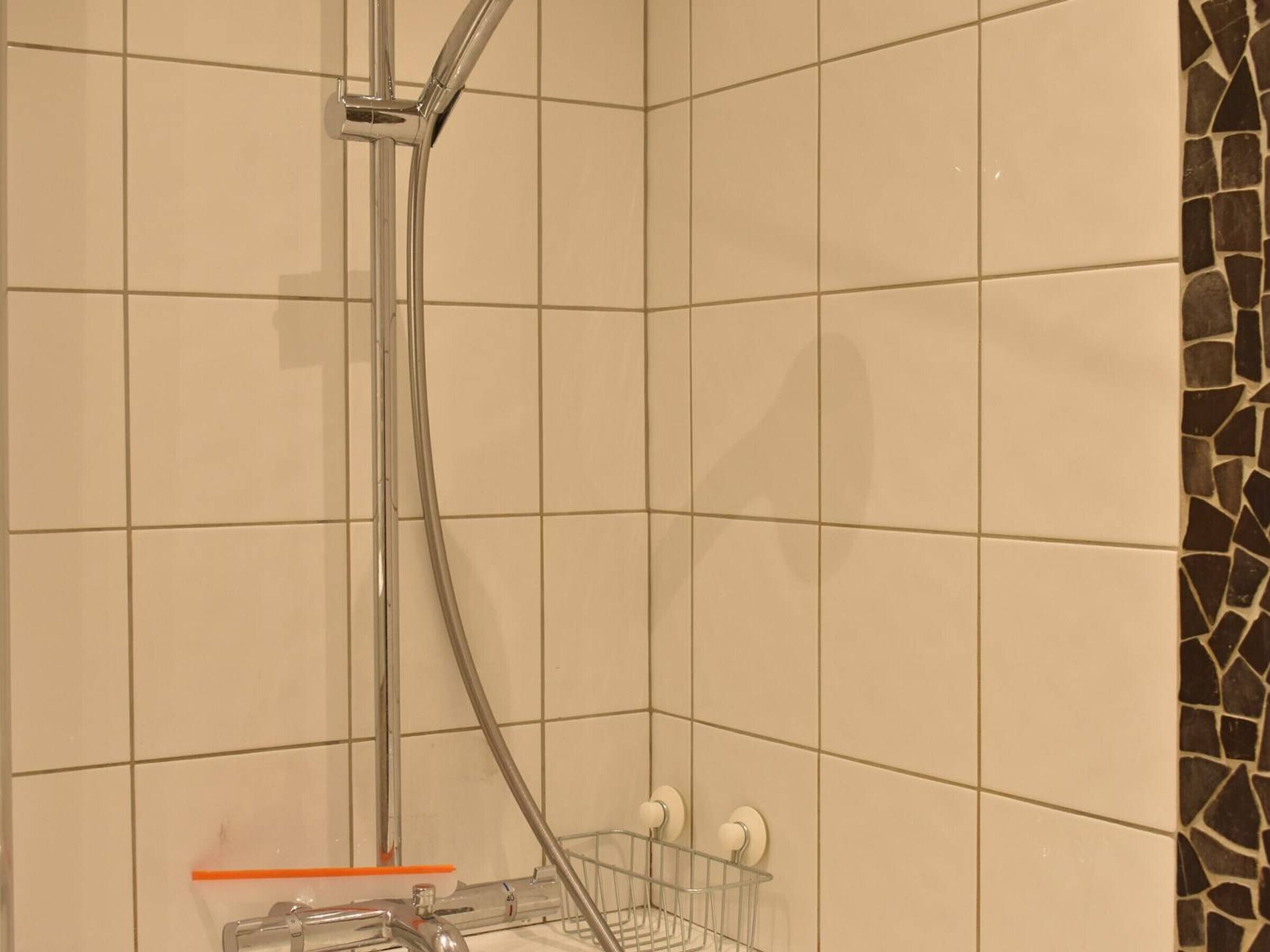 A shower with a chrome hose and a glass rack for toiletries.