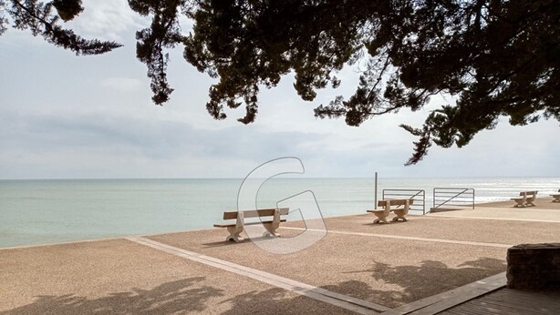 Un paseo marítimo frente a la playa con bancos y un paseo de madera.
