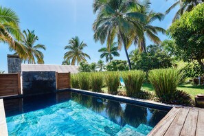 A swimming pool with a wooden deck, surrounded by lush greenery and palm trees. - La villa Paille en Queue 4p: luxury villa with swimming pool and sea view in Saint-Gilles (Saint Gilles les Bains)