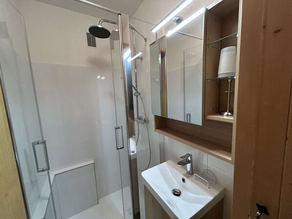 A modern bathroom with a glass-enclosed shower, a white sink, and a mirror above the sink.