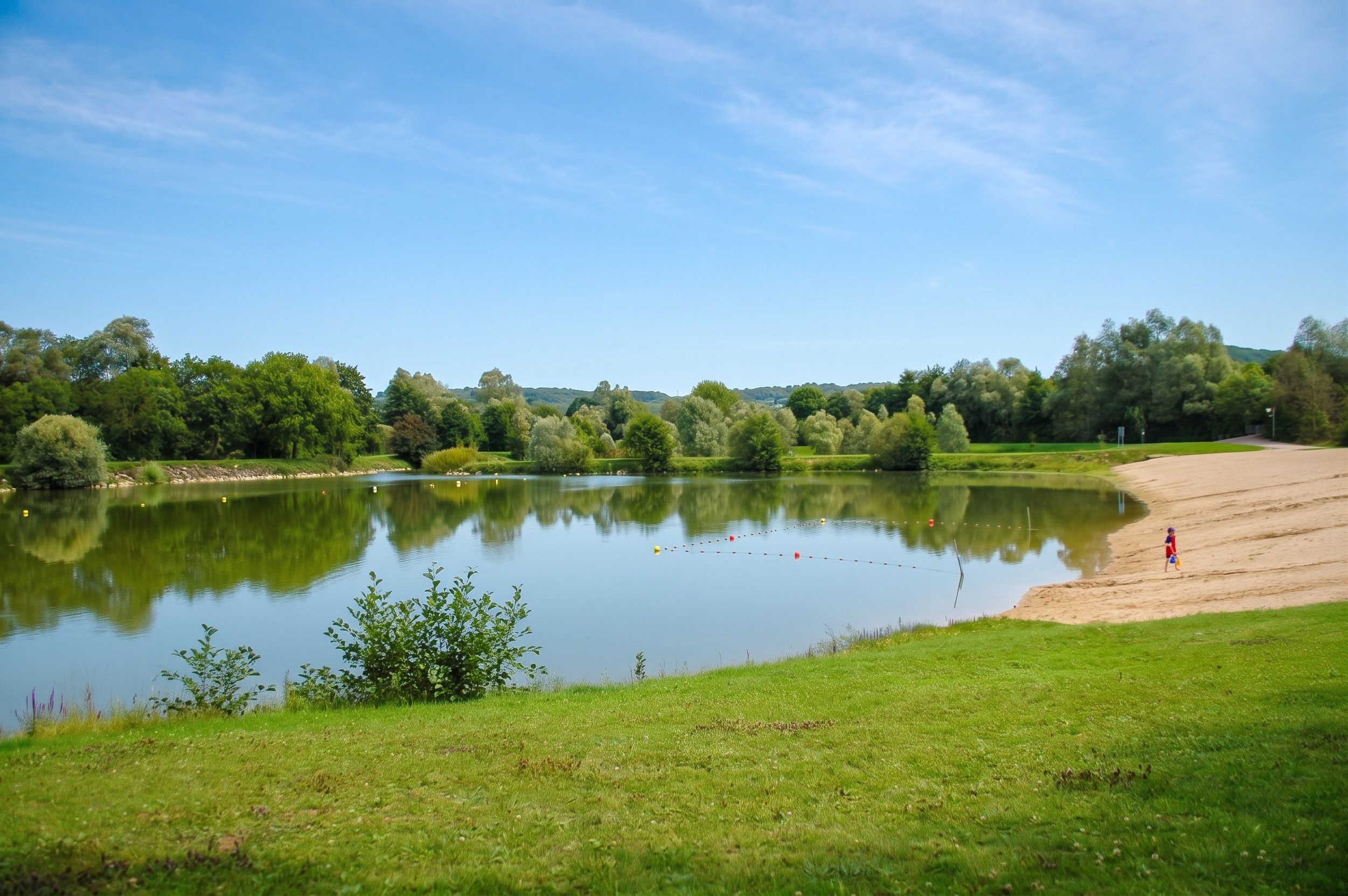 A calm lake with a grassy bank and trees in the background.