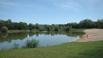 A serene lakeside view with a grassy area and trees in the background.