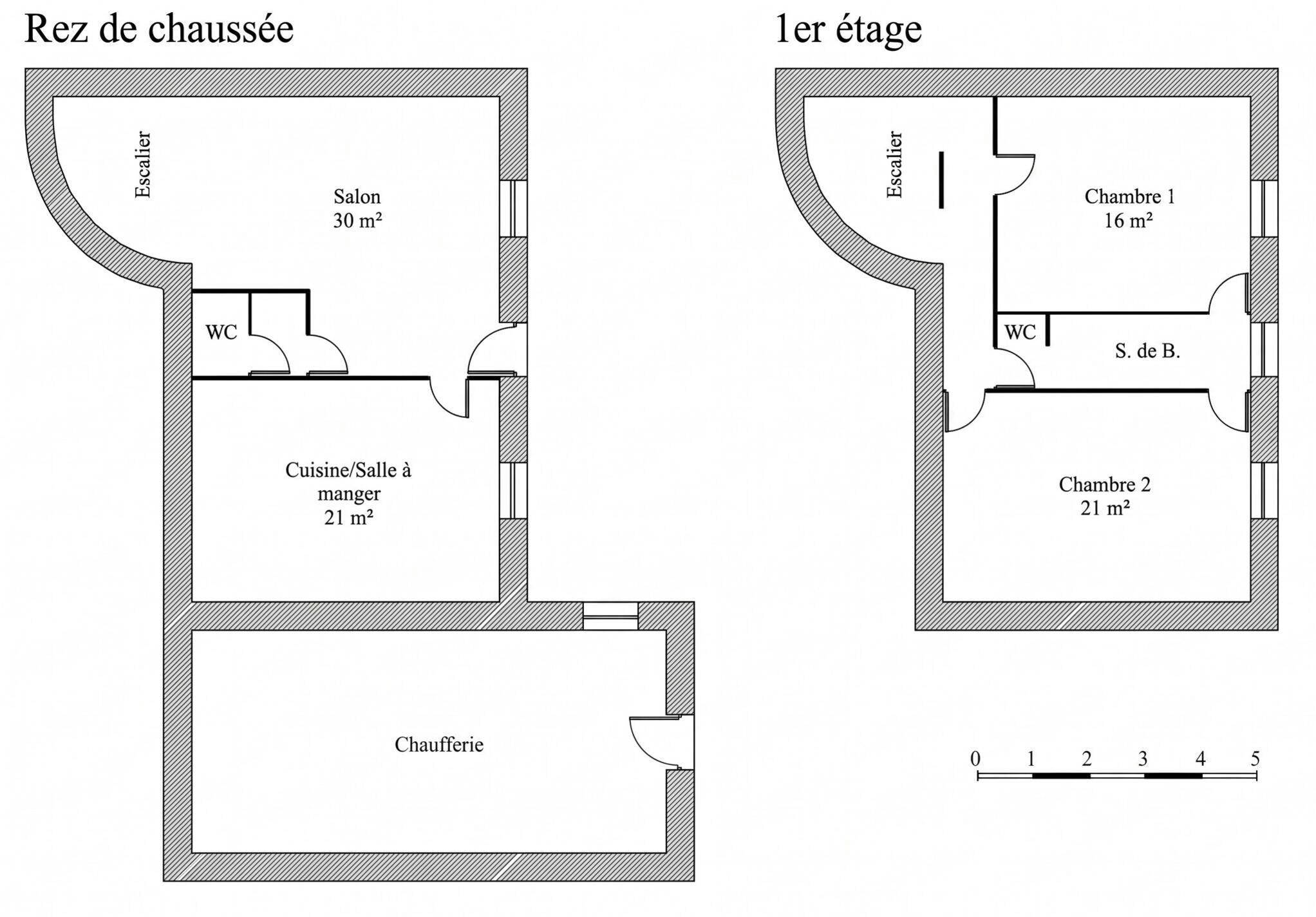 Un plan d’étage d’une maison en duplex comprenant un salon, une cuisine, une salle de bain et deux chambres.