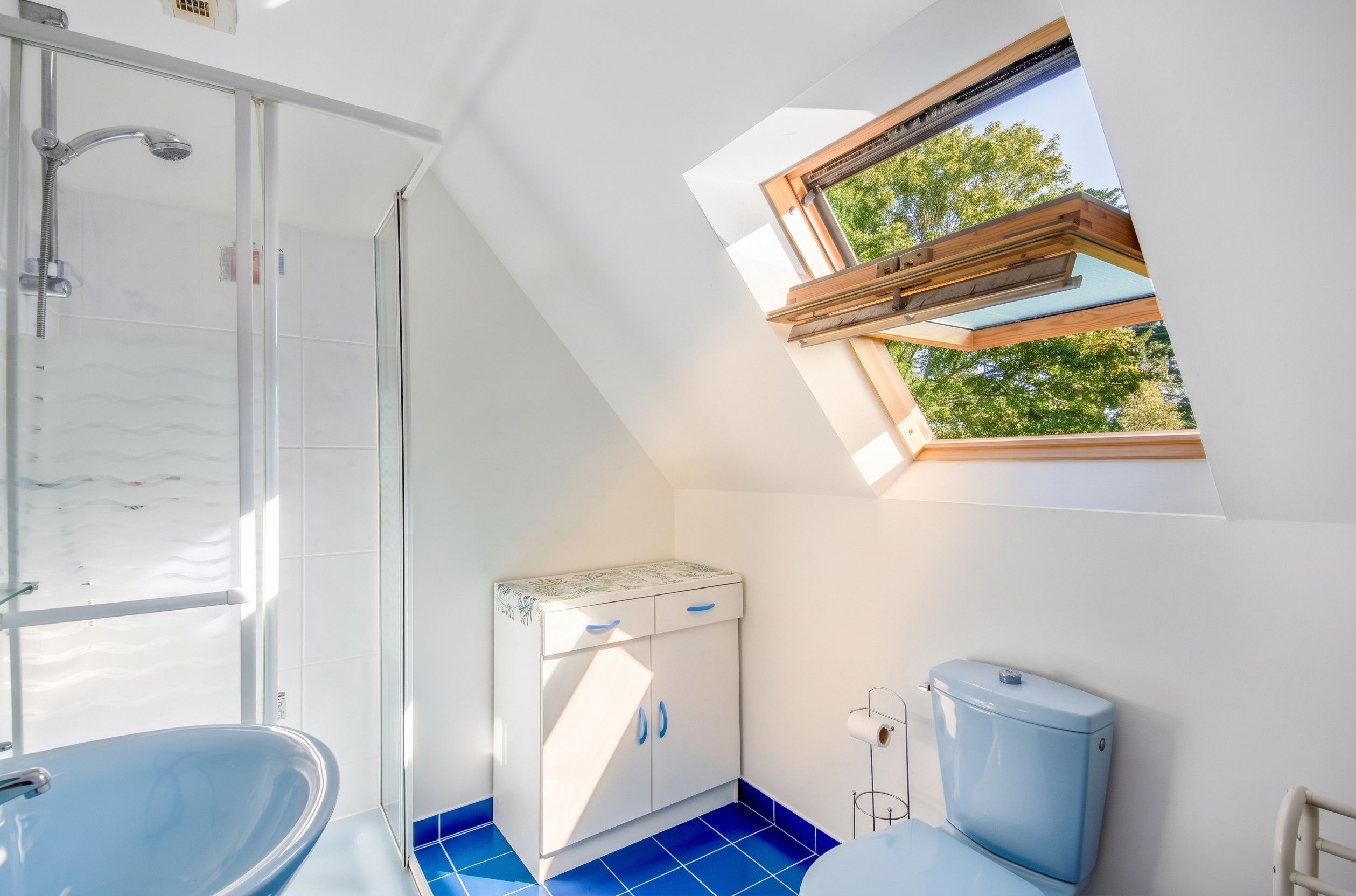 Baño con ducha, inodoro y lavamanos, tragaluz y vista a árboles desde el exterior.