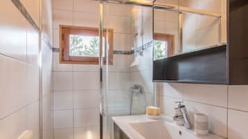 A modern bathroom with a glass shower enclosure, a white sink, and a large mirror.