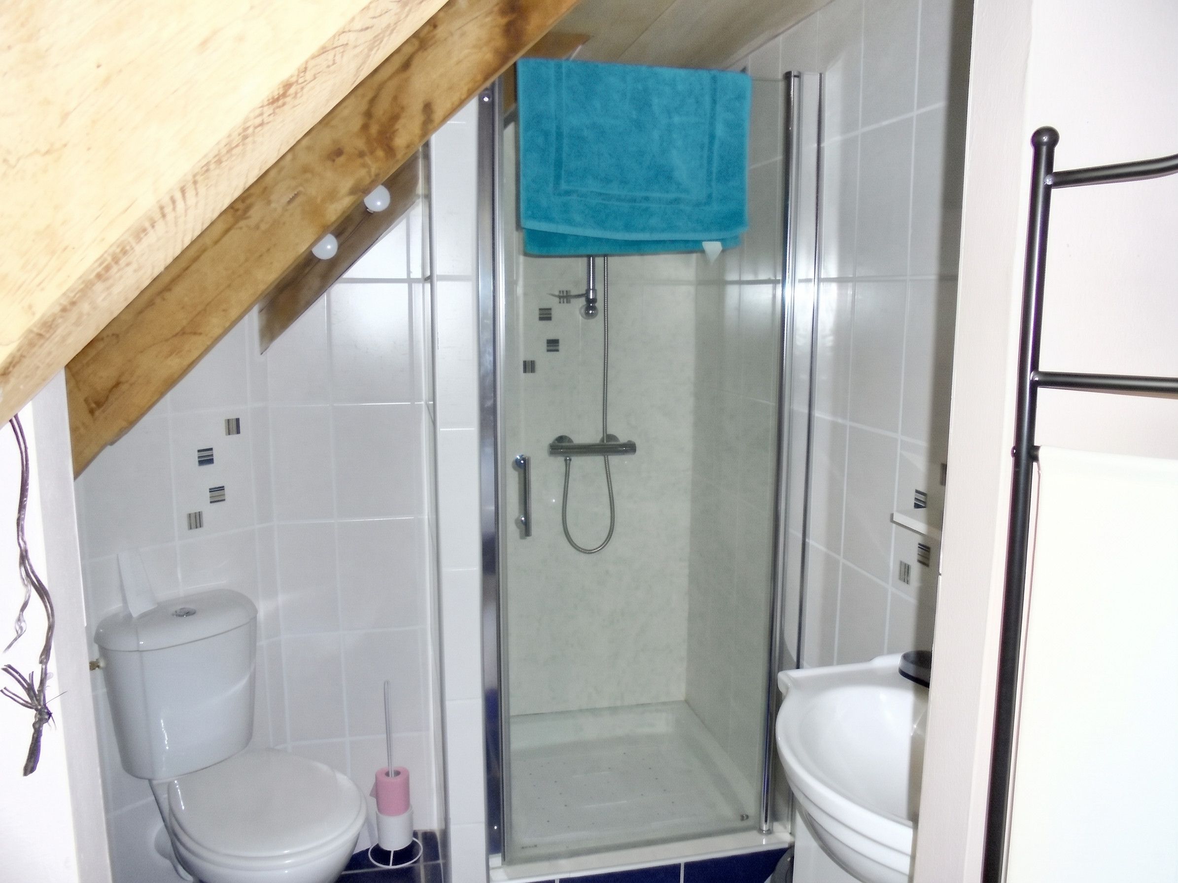 Un baño con ducha, inodoro y lavamanos.