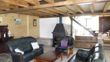 Televisie, een open haard, een dvd-speler en een stereo