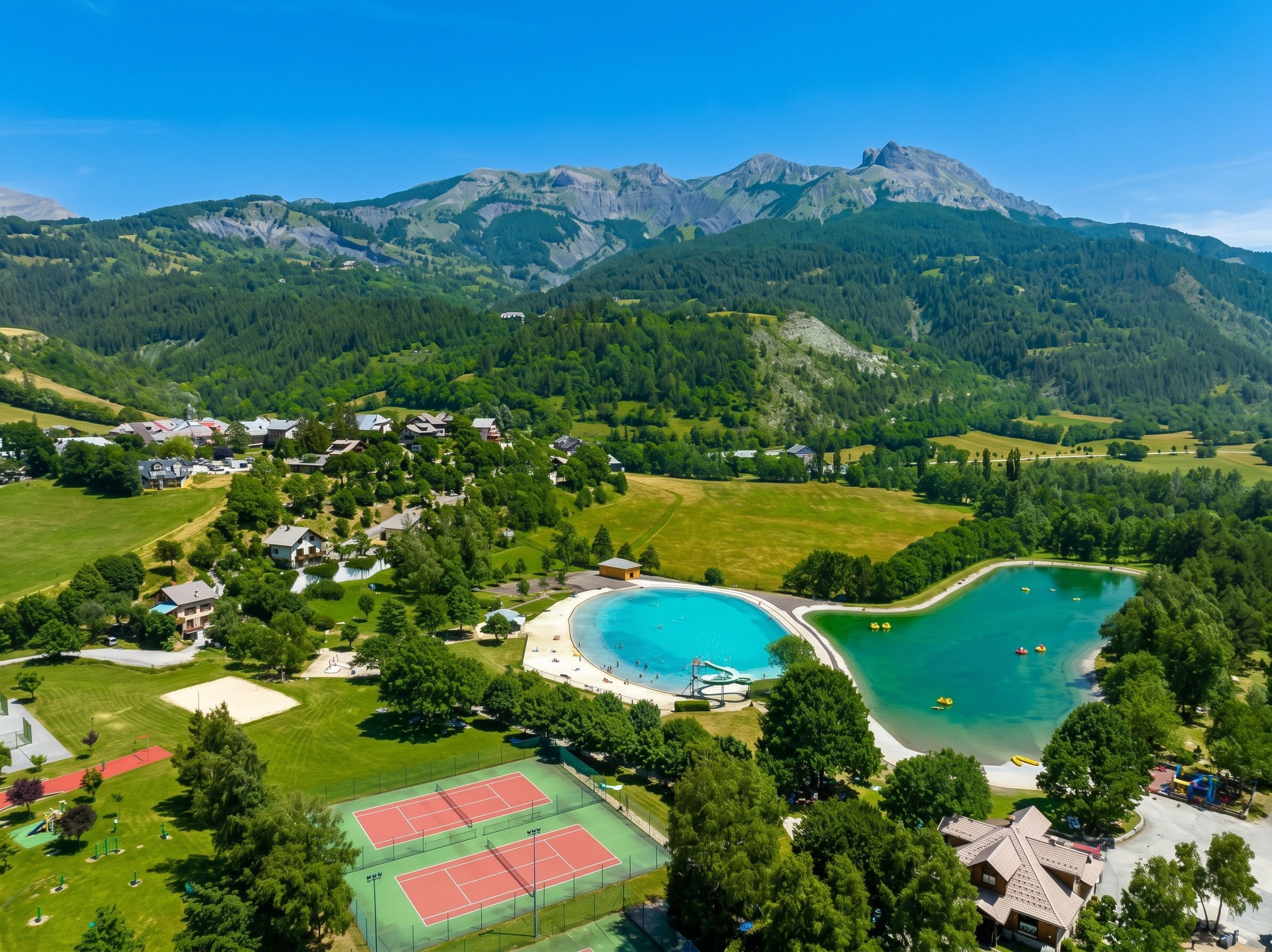 A resort with a swimming pool, tennis courts, and a mountainous backdrop.