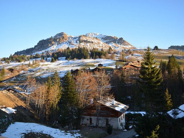A mountain with snow-covered peaks, a wooden cabin, and surrounding trees.