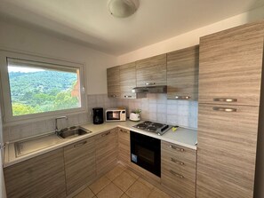 Fridge, microwave, oven, stovetop