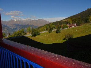 Enjoy breathtaking views of the valley and snow-capped mountains from this balcony.