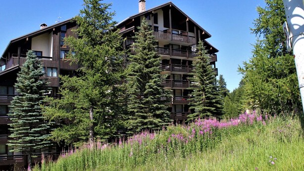 Un edificio de varios pisos con balcones, rodeado de altos árboles y flores silvestres.