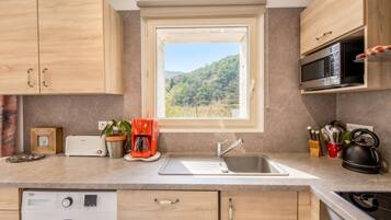 Une cuisine moderne avec des meubles en bois, un four à micro-ondes encastré, une machine à café et une vue sur un paysage montagneux par la fenêtre.