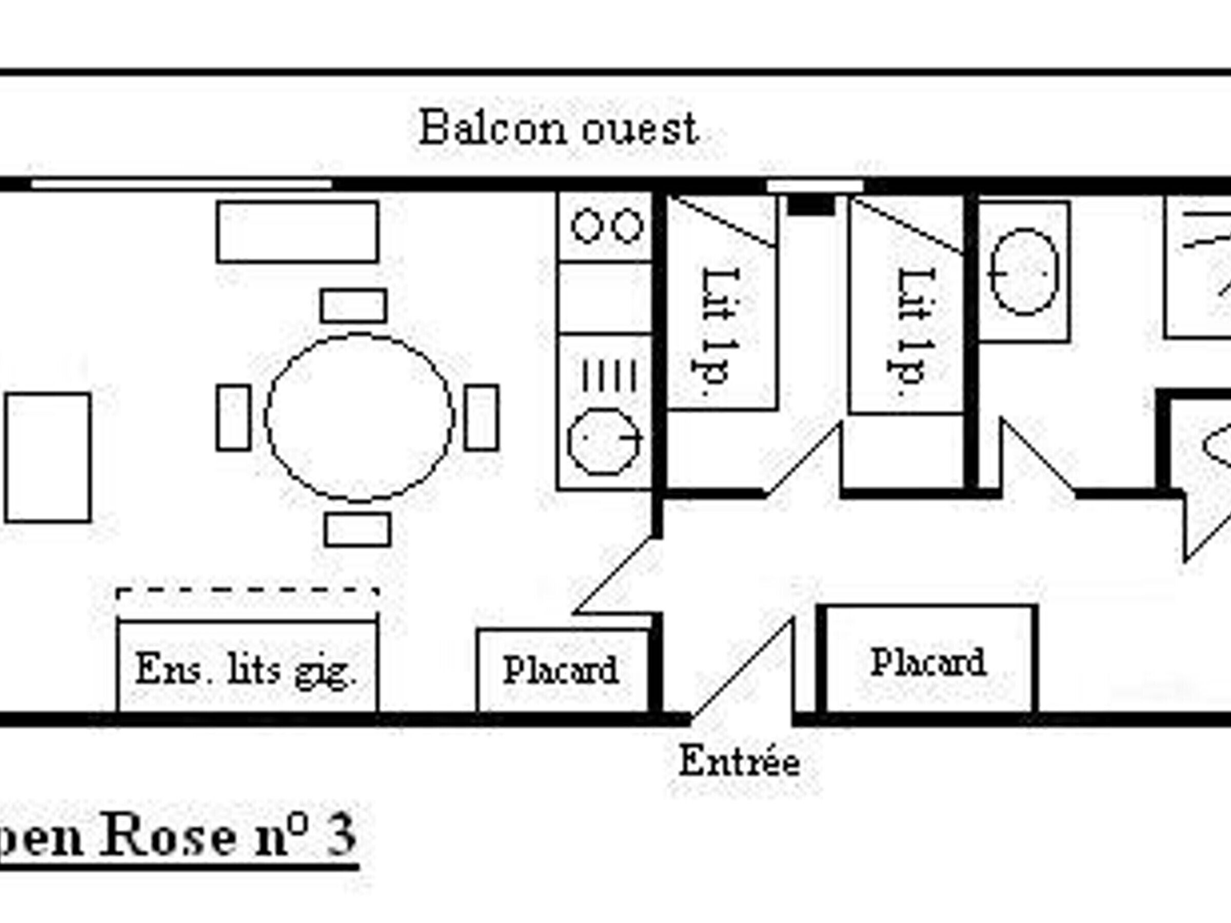 A hotel room layout with a balcony, a small table, two placards, and an entrance.