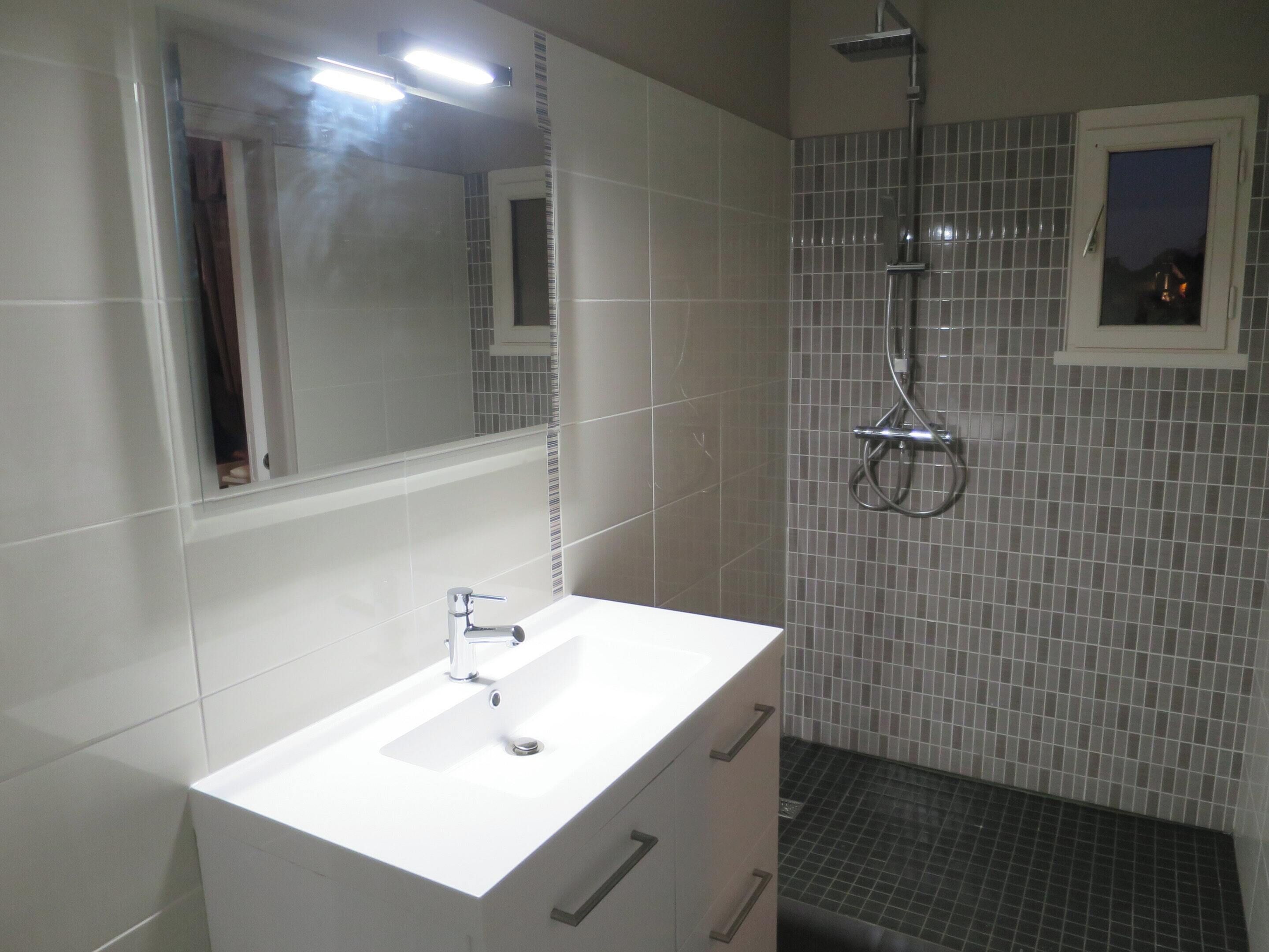 A bathroom with a white sink, a mirror, and a shower.