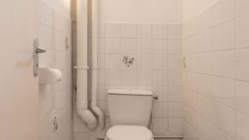 Een kleine badkamer met toilet, witte betegelde wanden en een zichtbaar leidingwerk.