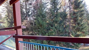 A wooden staircase leading to a covered area with a blue railing overlooking a forest. - Ski-in/ski-out studio for 4 in Arc 1800 with balcony (Les Arcs 1800)