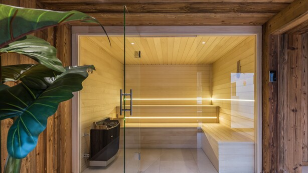 A sauna with wooden walls and a glass door, a bench, and a small trash bin.