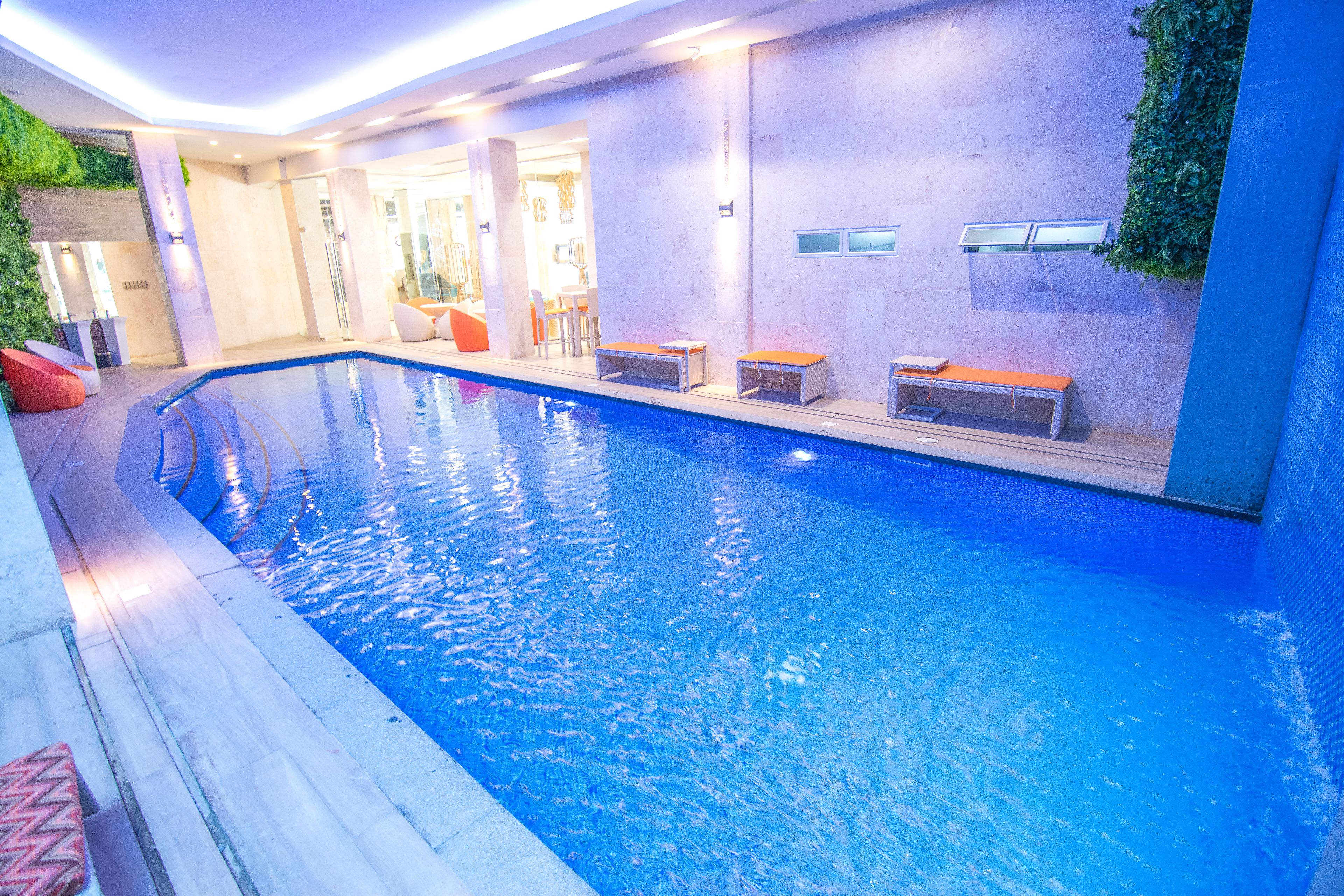 indoor pool, open 8 am to 8 pm, pool loungers