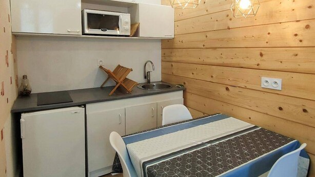 A compact kitchen with a microwave, wooden cabinets, a sink, and two pendant lights. - 2-room apartment, 4 beds in Cauterets near thermal baths (Cauterets)