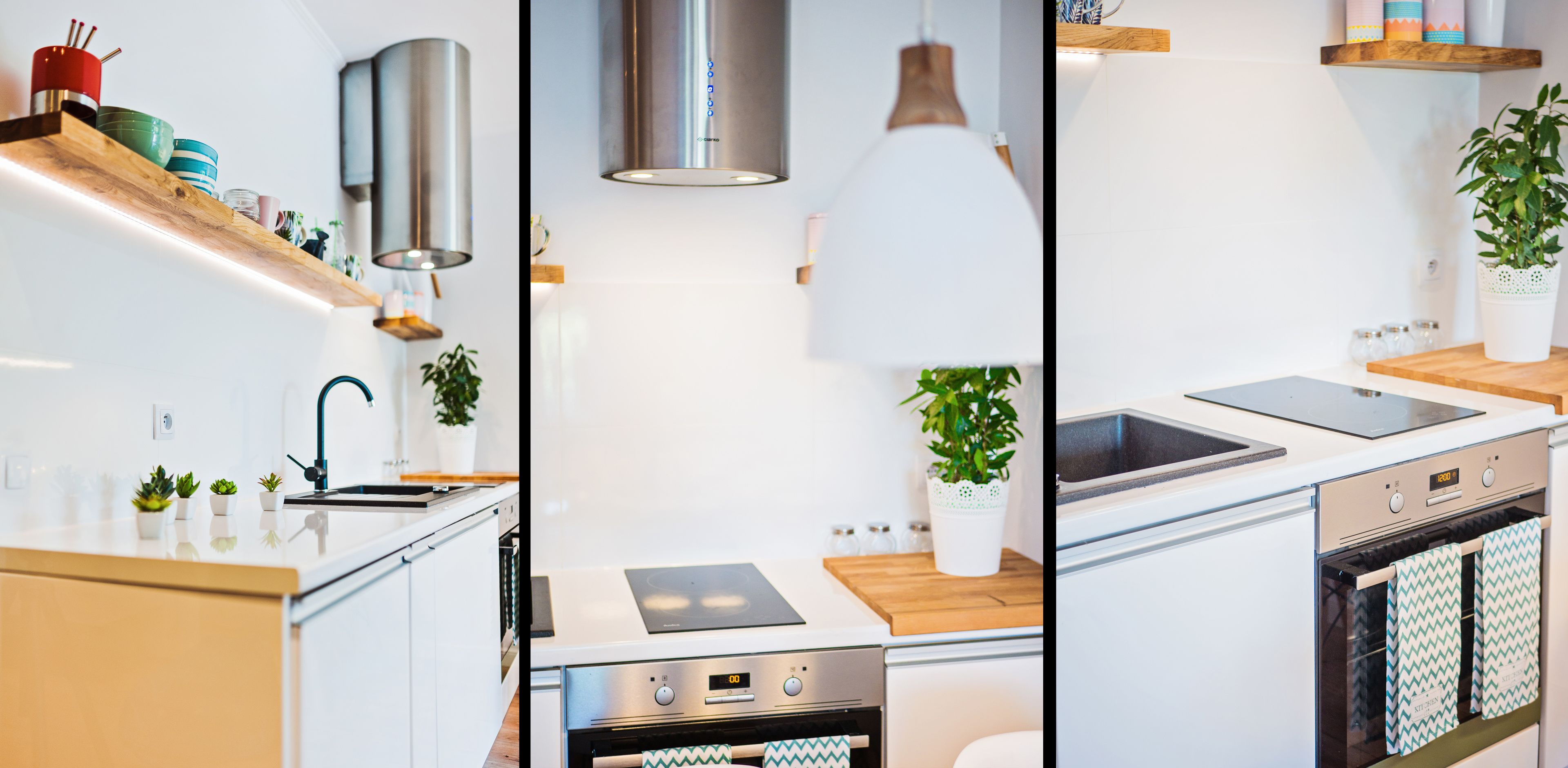 A modern kitchen with a built-in oven, a stovetop, and a sink.