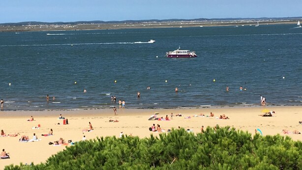 A beach with people sunbathing and swimming, a boat in the water, and a distant shoreline. - 3-Bed Apt in Central Arcachon, Sea View, Parking, Pets Allowed, Wifi (Arcachon)