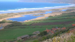 Un paysage côtier avec des champs, une plage et quelques bâtiments.