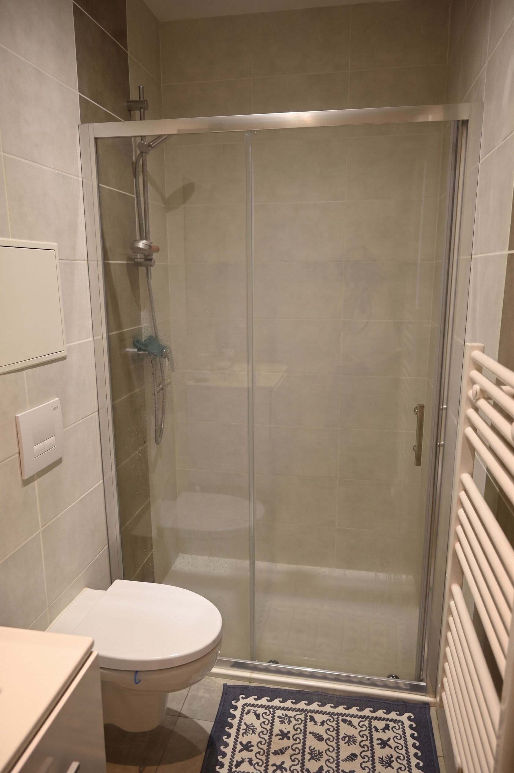 Une cabine de douche fermée par des parois en verre, avec des toilettes et un porte-serviettes.