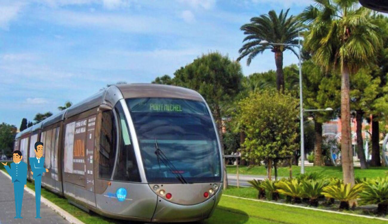 A modern, single-decker bus with 'PONT MICHEL' written on the front, parked in a well-maintained urban area with greenery and palm trees.