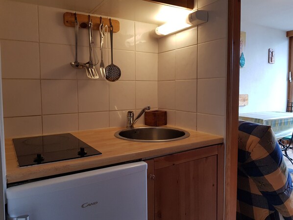 Fridge, microwave, coffee/tea maker, toaster