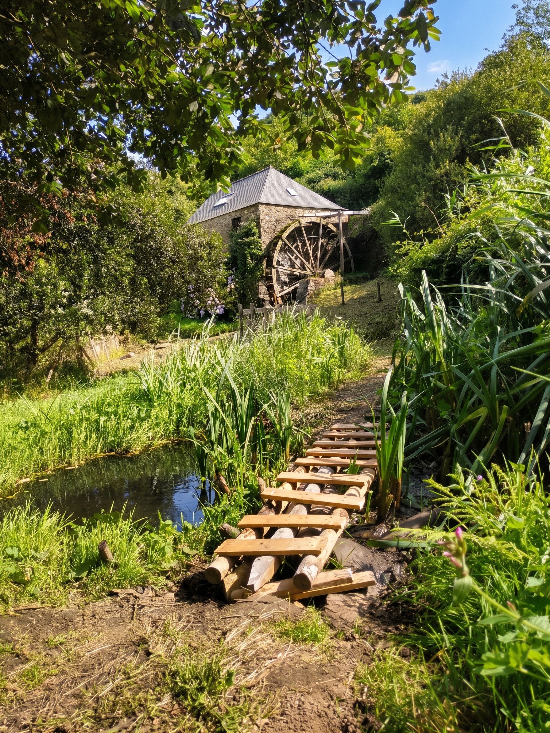 A rustic stone building with a large water wheel, surrounded by lush greenery and a wooden footbridge over a small stream.