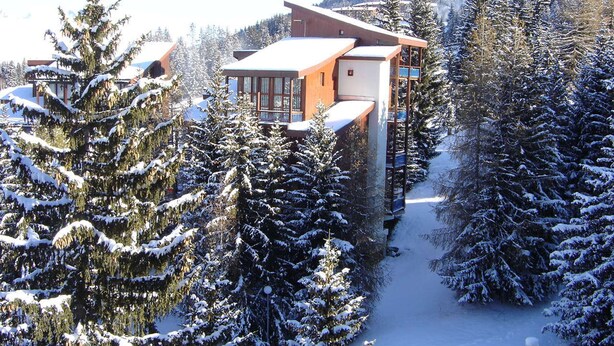 Un chalet moderne à l’extérieur en bois, entouré d’arbres couverts de neige et sous un ciel dégagé.