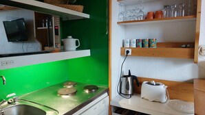 Une cuisine compacte avec un mur vert, des appareils en acier inoxydable et des étagères en bois où sont rangés divers ustensiles de cuisine.