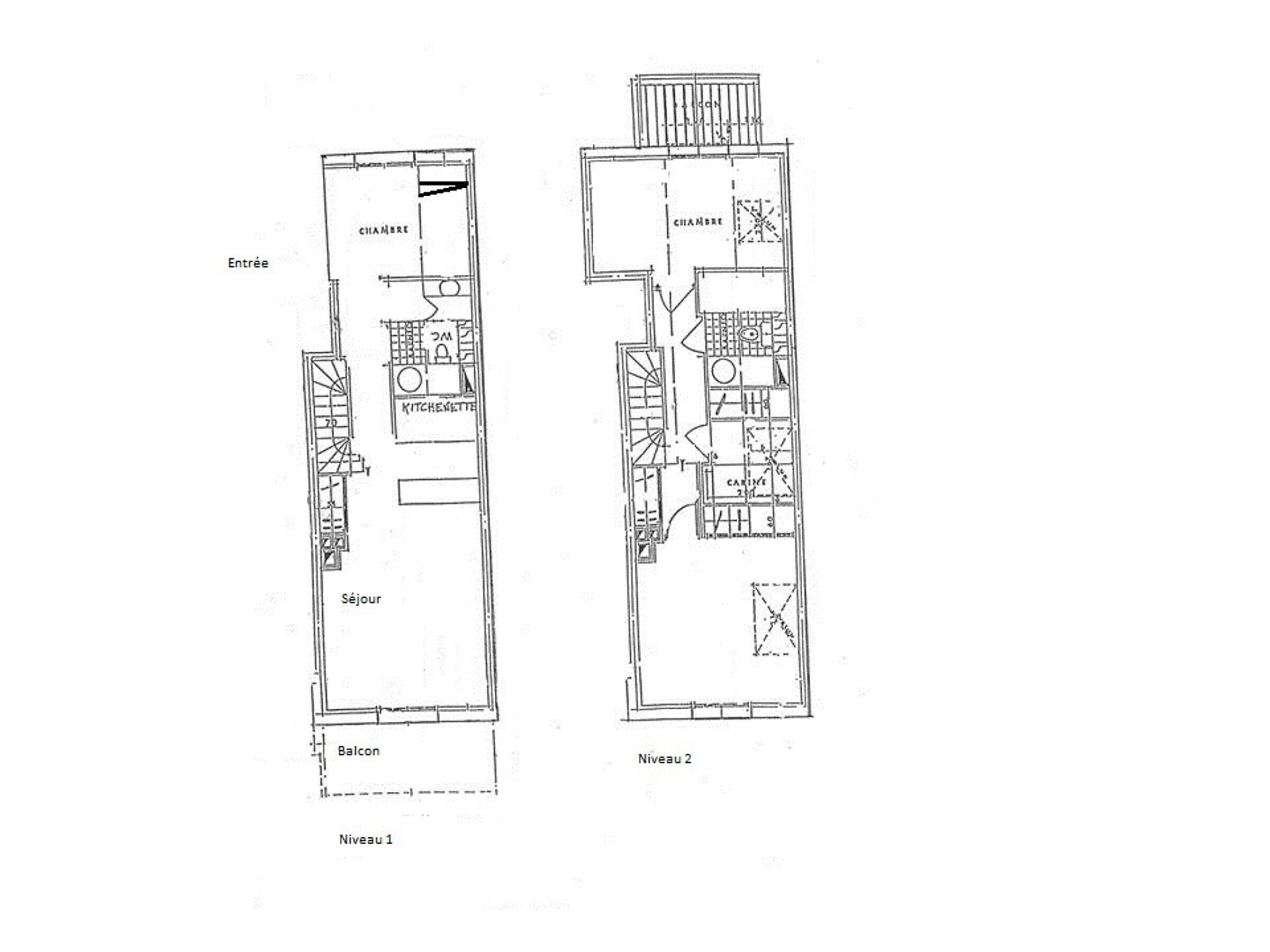 Two floor plans of a building with labeled rooms including a kitchen, living room, and balcony.