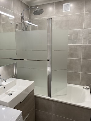 Bathtub, hair dryer, soap, shampoo