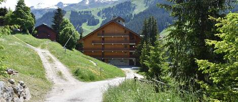 A wooden chalet with a balcony, surrounded by lush greenery and mountains in the background.