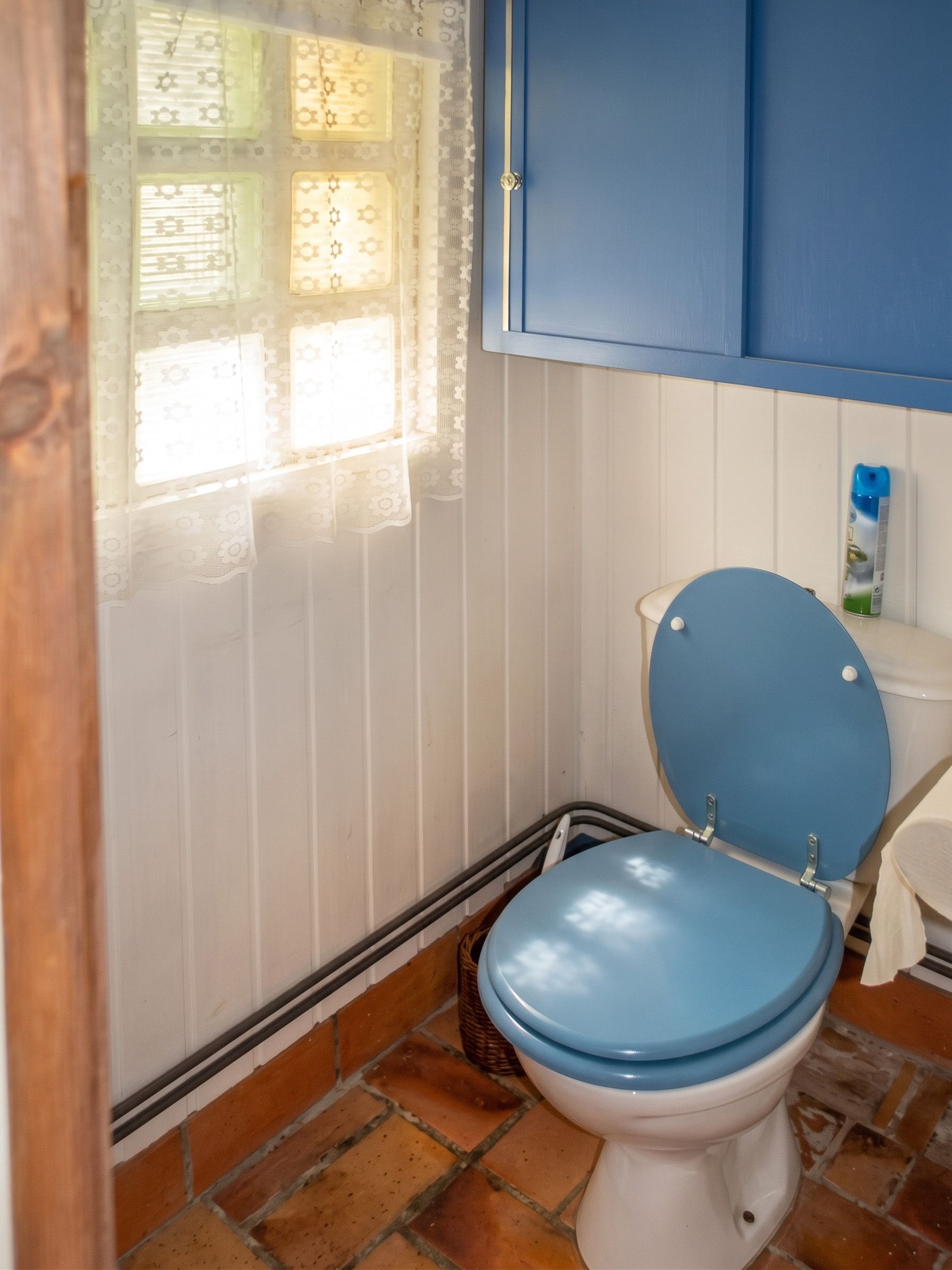 A bathroom with a toilet, a window with lace curtains, and a blue cabinet.