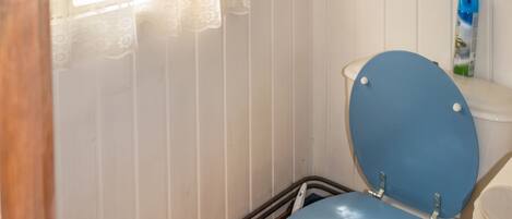 A bathroom with a toilet, a window with lace curtains, and a blue cabinet.