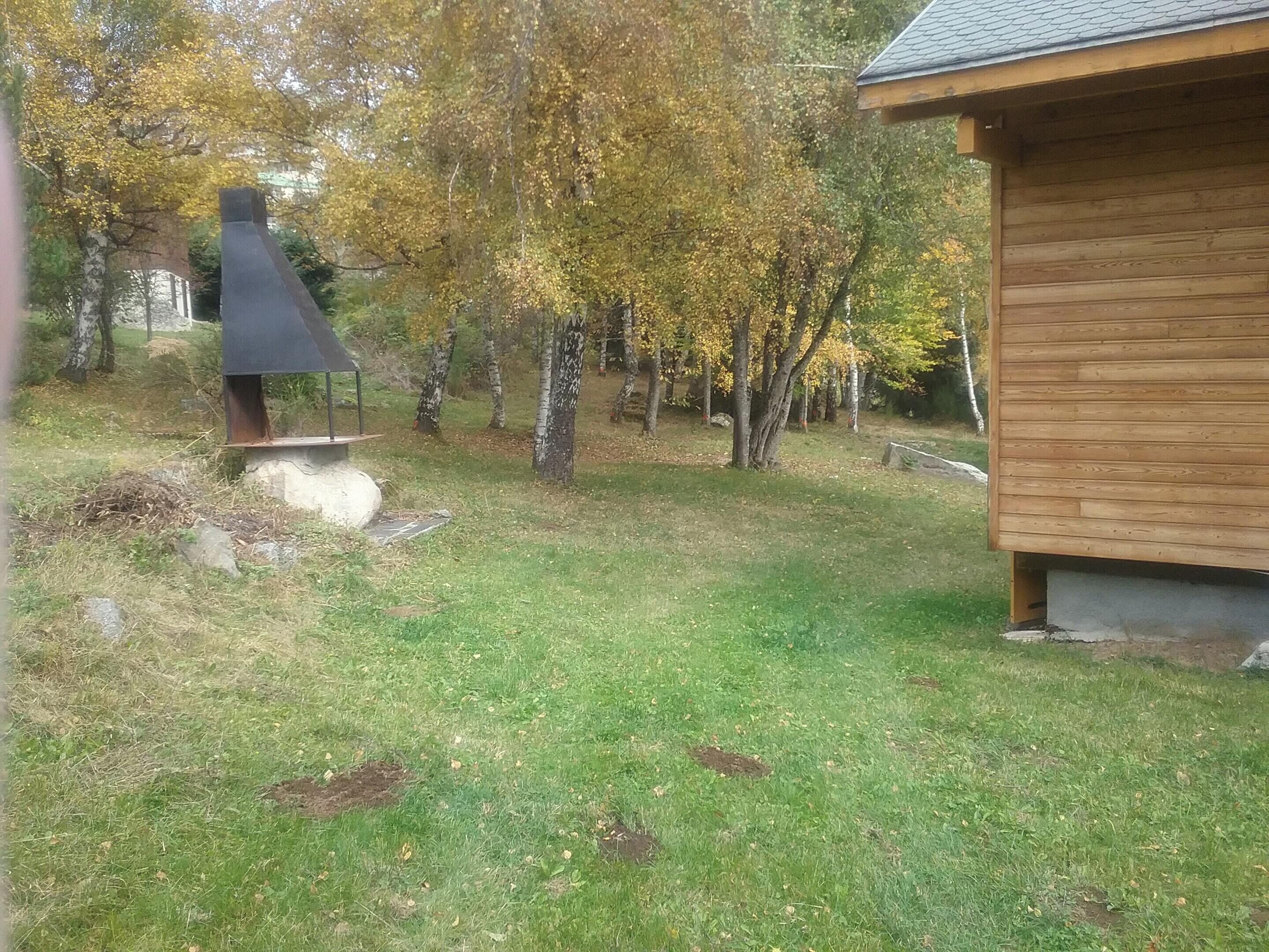 Une cabane en bois avec une cour verdoyante et des arbres en arrière-plan.