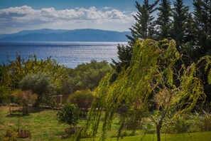 Eine Küstenlandschaft mit Blick auf das Meer und Berge in der Ferne.