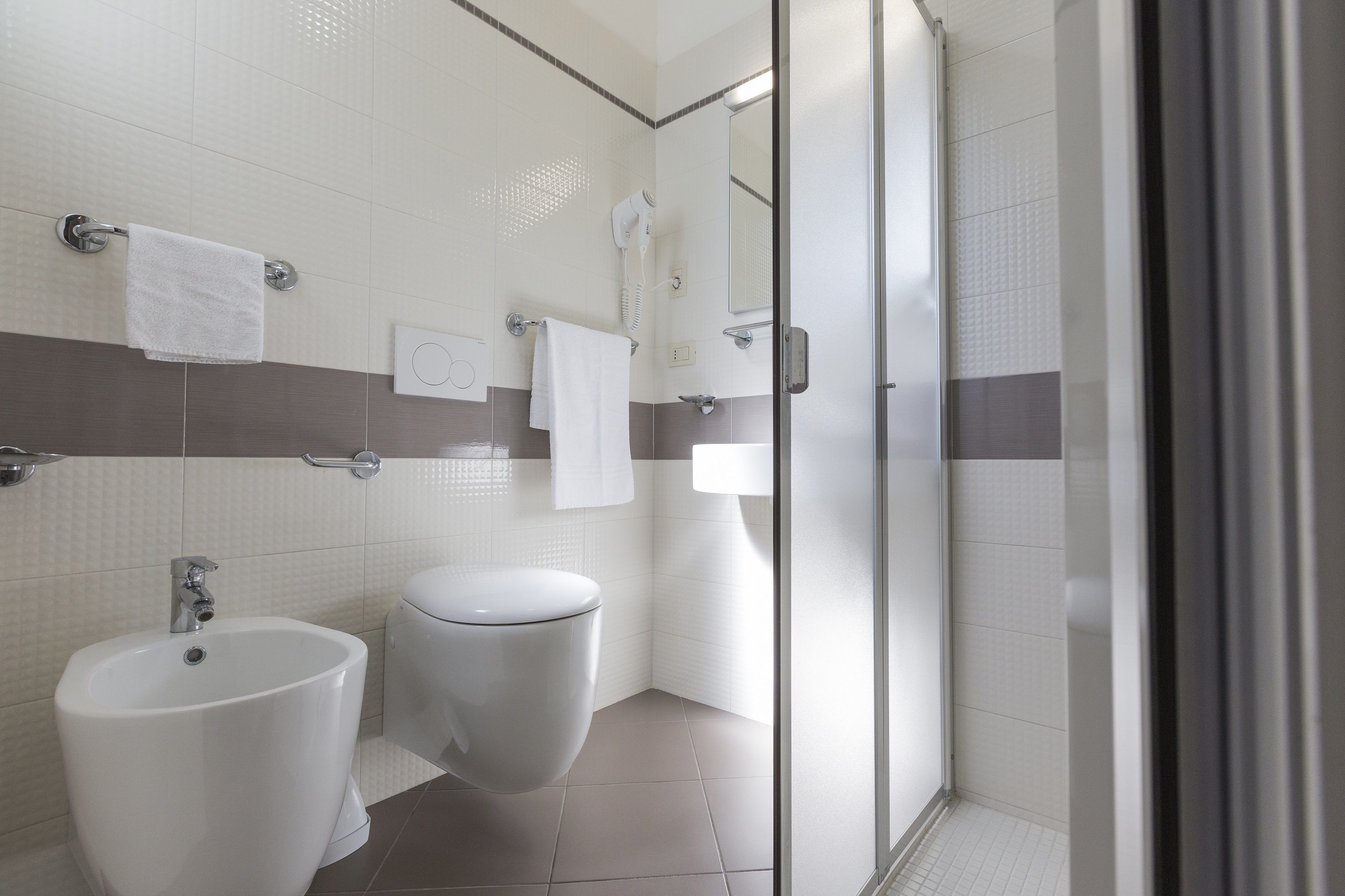 shower, hair dryer, bidet, towels