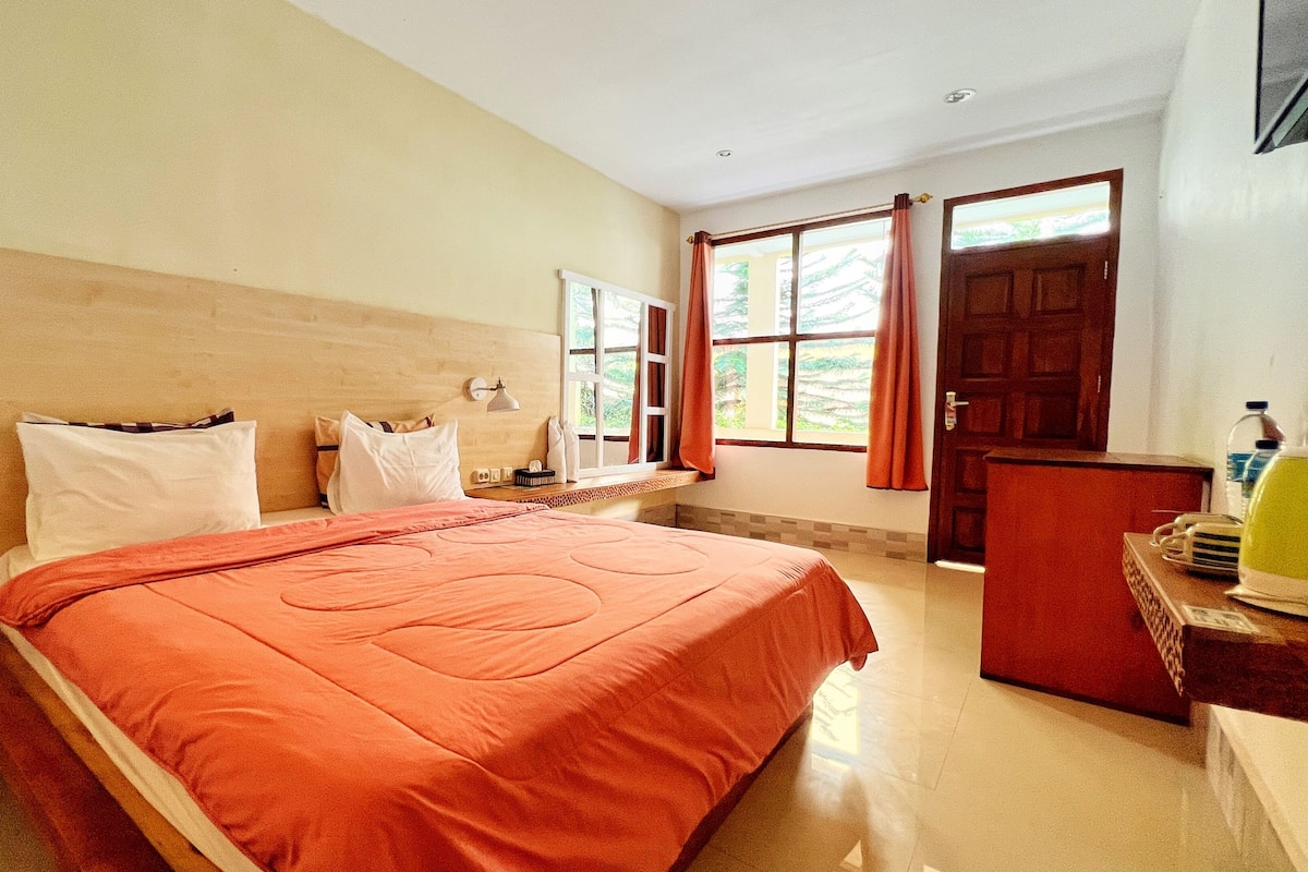 A hotel room with a bed, a desk, a chair, a window with curtains, and a door.