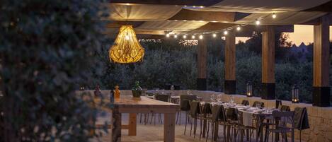 An outdoor dining area with a long wooden table and chairs, string lights, and a hanging light fixture.