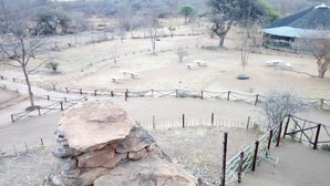 Un espacio al aire libre rodeado por una cerca, con un afloramiento rocoso, bancos y vegetación escasa.