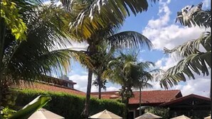 A pool area with lounge chairs and umbrellas, surrounded by palm trees and a building with a red roof. - Hotel Pousada Ourinhos (Ourinhos)